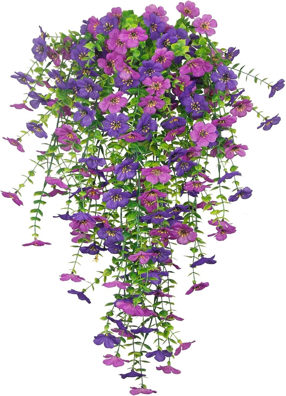3 Pcs Artificial Hanging Flowers for Outdoors, UV Resistant Purple Daisy and Eucalyptus Faux Silk Plants, Hanging Basket Floral Decor for Porch, Garden, Patio and Home Decoration
